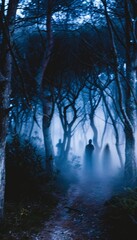 Fototapeta premium Haunted Forest Path at Night with Ghostly Figures - Perfect for Halloween Posters and Spooky Decorations