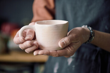 Closeup of hands of unrecognizable female potter holding handmade ceramic cup