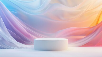 A white circular pedestal stands in front of a backdrop of colorful, flowing fabrics, beautifully illuminated by soft ambient lighting.