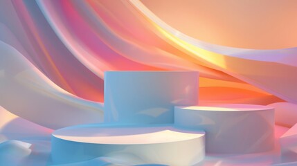 An abstract 3D rendering features three white podiums set against a colorful, wavy backdrop glowing with sunset hues.