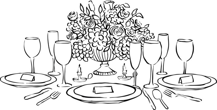 Ilustraci&oacute;n vectorial de paisaje de mesa con copas y flores. Arte en l&iacute;neas de mesa de cena. Dibujo a mano de mesa para dise&ntilde;o de invitaciones, branding papeler&iacute;a, imprimibles, redes sociales