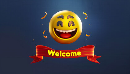 Illustrate a 3D luxury yellow emoji with a charming grin, set against a deep indigo background. A red ribbon banner beneath carries "Welcome" in cheerful yellow letters.