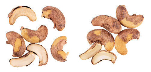 cashew nuts heap with shell isolated on white background. Top view with copy space for your text. Flat lay