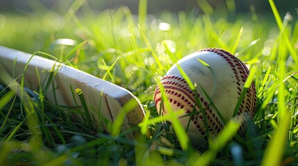 close-up shot of a cricket ball nestled in the grass with a cricket bat resting nearby