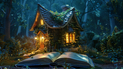 Magical storybook cottage nestled in a mystical twilight forest