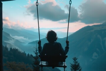 A young boy enjoys a scenic view while sitting on a swing overlooking misty mountains at sunrise, creating a peaceful and reflective atmosphere.