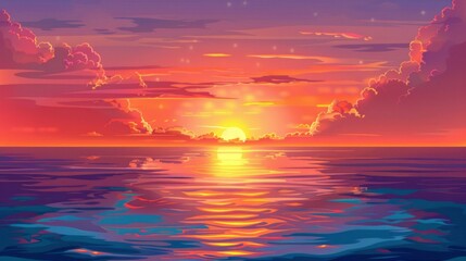 Fototapeta premium Beautiful sunset over the sea. Vector illustration in cartoon style