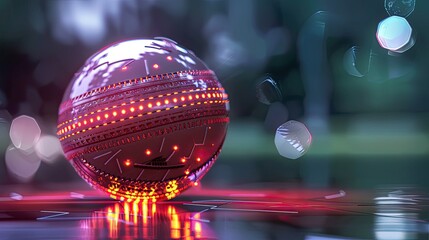 computer-generated image of a cricket ball with embedded LEDs, displaying real-time speed and spin data