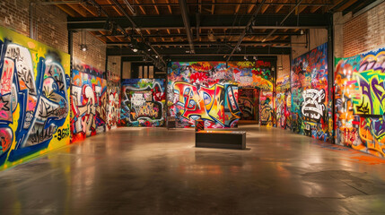 Contemporary Avant Art Gallery display with bold graffiti art in an urban, loft-style environment, celebrating street art culture and vibrant expression,