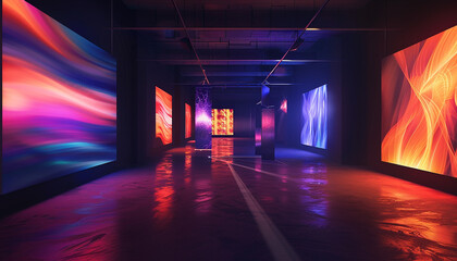 Contemporary Avant Art Gallery mockup showcasing bold light projection art in a dark, immersive space, blending light, color, and motion for dramatic effects,