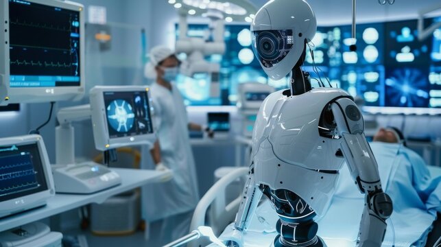 Futuristische Visualisierung der erfolgreichen Zusammenarbeit zwischen Mensch und KI im Labor und OP. Sinnbild f&uuml;r die gegenseitige Wertsch&auml;tzung und dem Wissenstransfer zwischen beiden Welten.