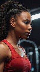 Fitness model showing off her agility and strength as she trains diligently in a state-of-the-art gym environment, wearing red clothing
