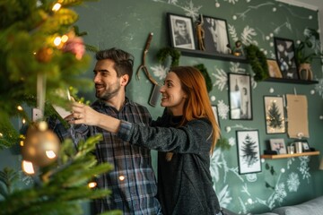 A young Caucasian couple decorates a Christmas tree in a stylishly festive living room, sharing a moment of joy and holiday spirit.