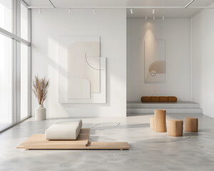 Dynamic Avant Art Gallery mockup showcasing contemporary modular furniture art in a flexible, minimalist space, blending functionality and innovative design,