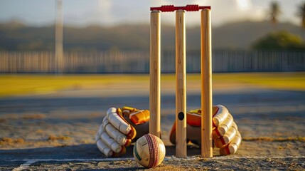 cricket ball bouncing on the pitch with the stumps and wicketkeeper's gloves in the background