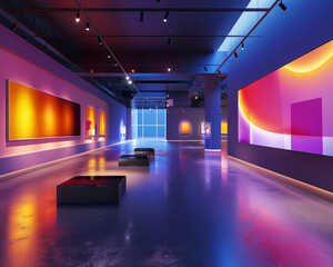 Sophisticated Avant Art Gallery layout displaying contemporary light and sound art in a sleek, modern setting, creating a captivating multisensory experience,