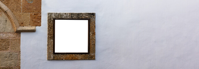 white wall and tuff stone and frame with transparent interior, png