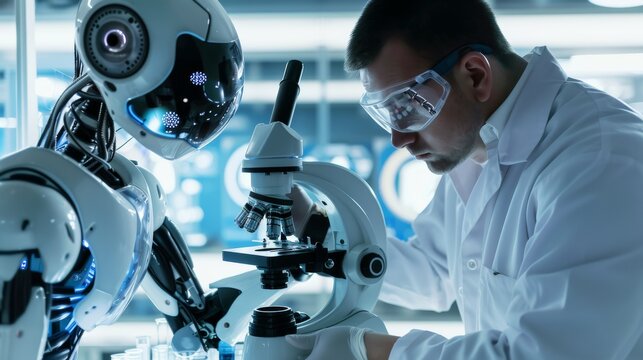 Futuristische Visualisierung der erfolgreichen Zusammenarbeit zwischen Mensch und KI im Labor und OP. Sinnbild f&uuml;r die gegenseitige Wertsch&auml;tzung und dem Wissenstransfer zwischen beiden Welten.