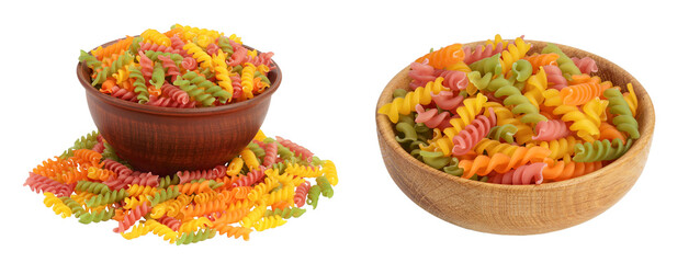 raw Fusilli in ceramic bowl colored pasta, isolated on white background with full depth of field