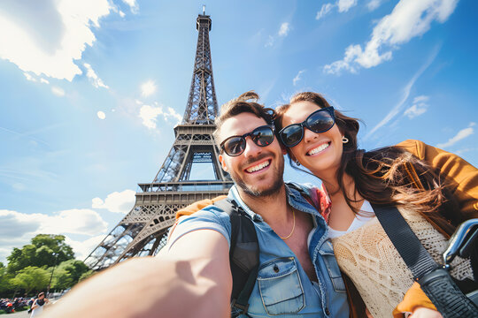 happy young couple in front of the eiffel tower