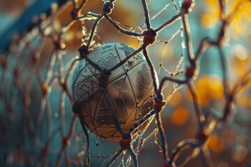 Close up of a ball trapped in a net with intricate details and texture