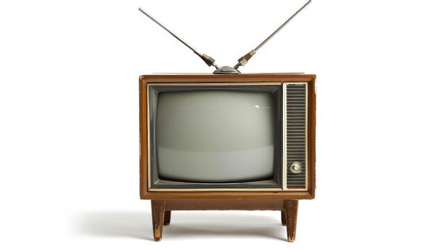 Portable 1960 s TV with extended antennas standing alone against a white background