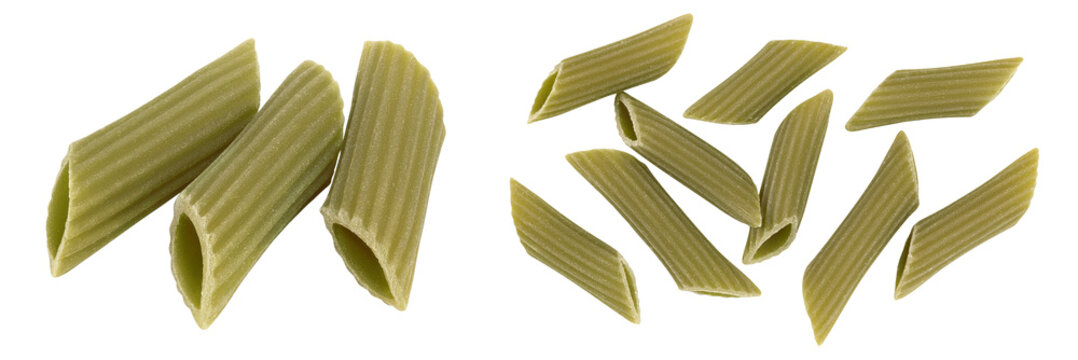 Green pea penne pasta isolated on white background. Organic food speciality. Gluten free