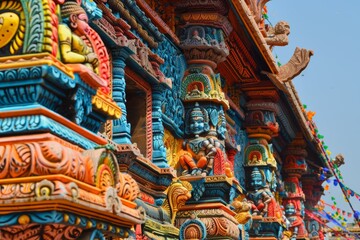 Intricately Carved Rath Yatra Chariot with Vibrant Colors and Devotees Pulling Ropes – Traditional Festival Scene for Cultural Celebration Posters