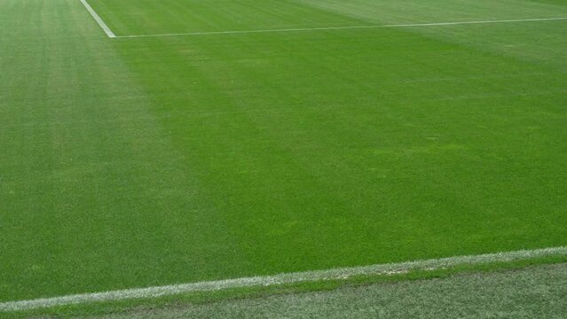Soccer field stadium or football lawn with green grass, artificial turf panoramic view