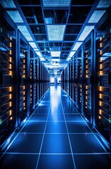 Fototapeta premium igh-tech data center with rows of server cabinets, illuminated by LED lights and visible wires, representing the power behind cloud computing and cyber security technology. 