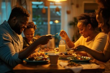 Joyful African American family sharing a meal at a brightly lit dining table, engaging in cheerful interactions.