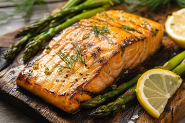salmon with asparagus and lemon slices on a cutting board