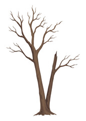Old dead tree. Hand draw leafless trunk. Winter or autumn season plants icon, dry naked branch silhouette. Nature ecology problems concept. Isolated vector illustration