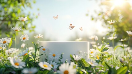 Butterflies are seen fluttering above daisies blooming in a lush, sunlit garden during a peaceful summer afternoon, capturing the essence of natures beauty.