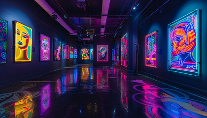 Stylish Avant Art Gallery setup presenting contemporary neon art in a dark, vibrant environment, emphasizing bright colors and bold designs,