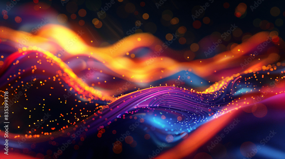 Poster Digital image of colorful waves with flowing particles, representing energy and motion