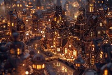 Obraz premium Magical Chocolate Cityscape Illustration at Night with Illuminated Buildings and Streets