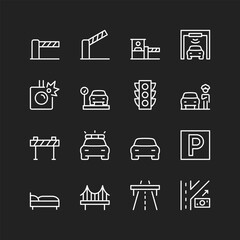 Road icon set, white lines on black background. High-speed toll road, freeway, checkpoint. Road infrastructure: dividing strips, interchanges, payment terminals, barriers. Customizable line thickness