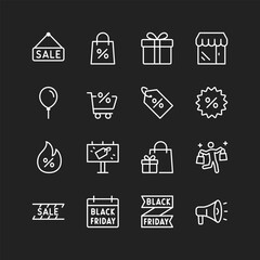 Black Friday icon set, white lines on black background. Sale day, big discounts, customer gifts. Shopping savings, marketing. Customizable line thickness