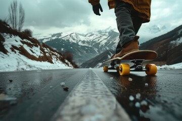 A person rides a skateboard down a wet road, with water splashing around - Powered by Adobe