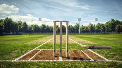 cricket field with freshly marked creases, stumps, and a bat resting on the pitch