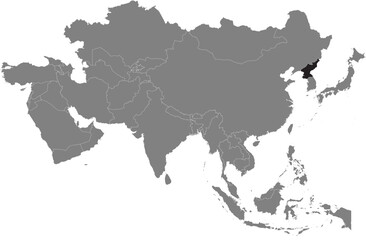 Highlighted black map of NORTH KOREA inside dark grey detailed blank political map of Asia using orthographic projection on transparent background, without Russia