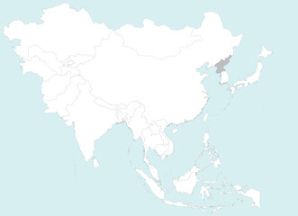 Highlighted grey map of NORTH KOREA inside white detailed blank political map of Asia on blue background, without the Middle East and Russia