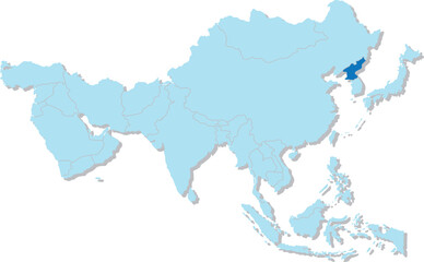 Highlighted blue map of NORTH KOREA inside light blue 3D blank political map of Asia orthographic projection on transparent background, without Russia