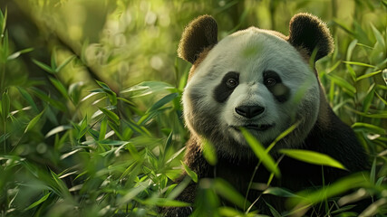 close up of a prretty panda in the park, beautiful panda bear in the grass, portrait of a panda