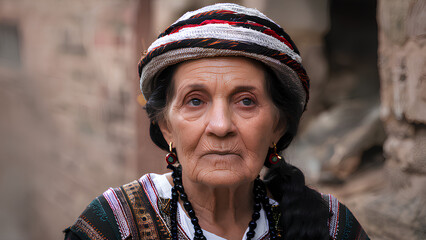 Palestinian ( Arabic ) traditional old woman dressed in vibrant colors, smiling 