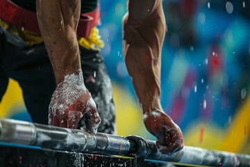 Weightlifter Prepares for Lift with Chalk and Belt Adjustments on Olympic Stage - Close-Up