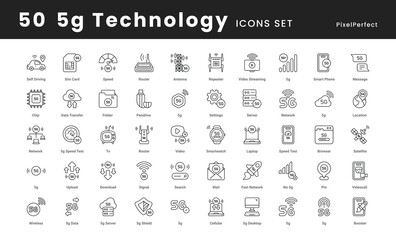 5G Technology icons collection such as, wireless connectivity, high-speed internet, next-gen network, futuristic communication, signal strength, and more