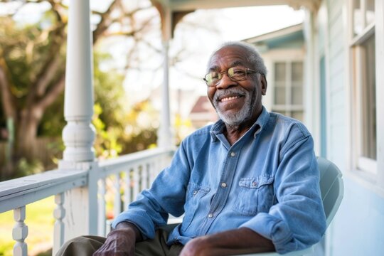 Joyful elderly African American man sitting on a porch, smiling broadly in a relaxed setting.