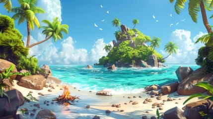 A serene beach scene with rocks, palm trees, and a campfire - Powered by Adobe